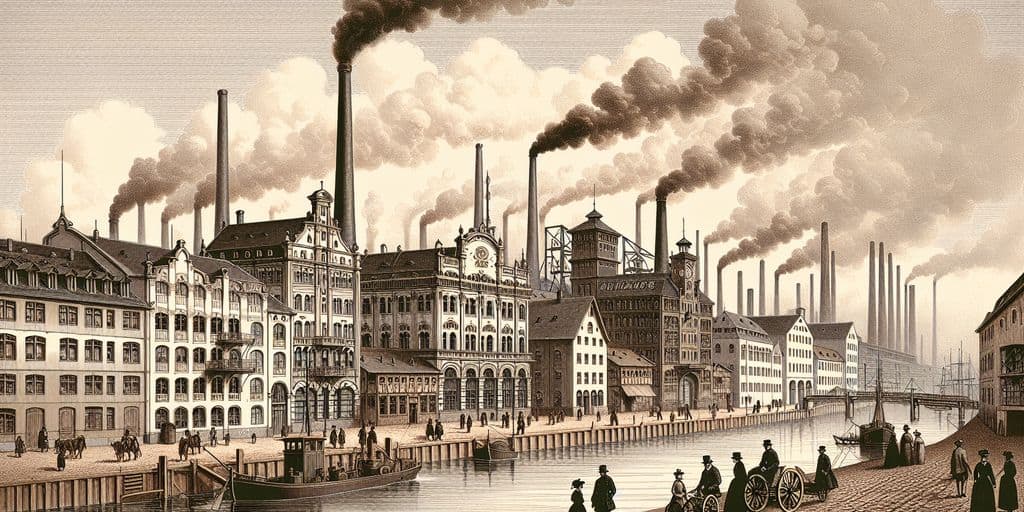 Ludwigshafen in the 19th century, historical cityscape, industrial revolution, vintage illustrations, old factories, Rhine River, period clothing