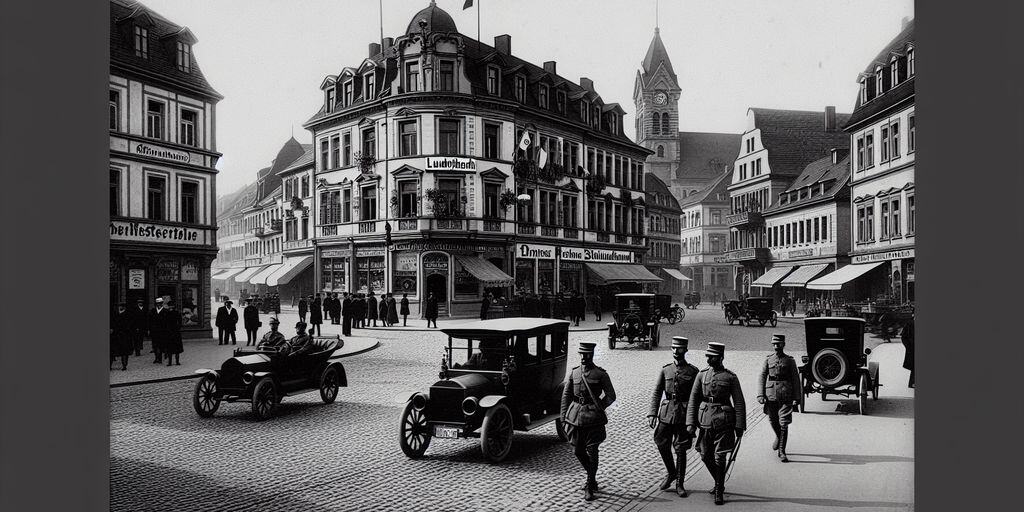 Ludwigshafen during French occupation, historical photograph, cityscape, soldiers, 1920s