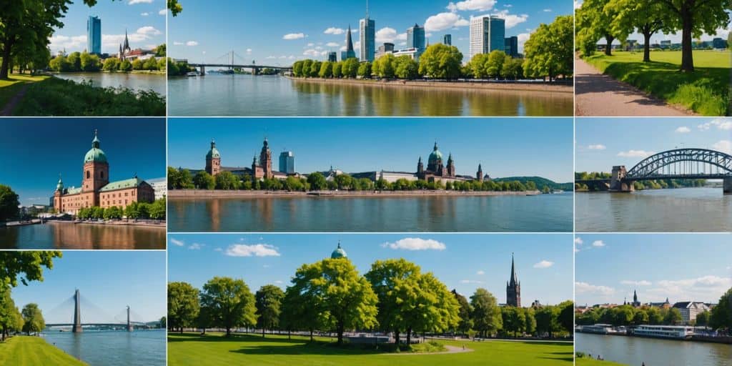 Collage of Ludwigshafen am Rhein's landmarks: Rhine River, modern buildings, and green parks.