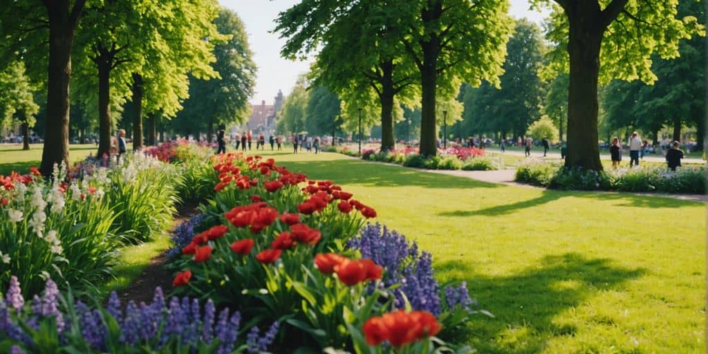 A sunny day in Pfingstweide, Ludwigshafen am Rhein, with people enjoying the park's green fields and colorful flowers.